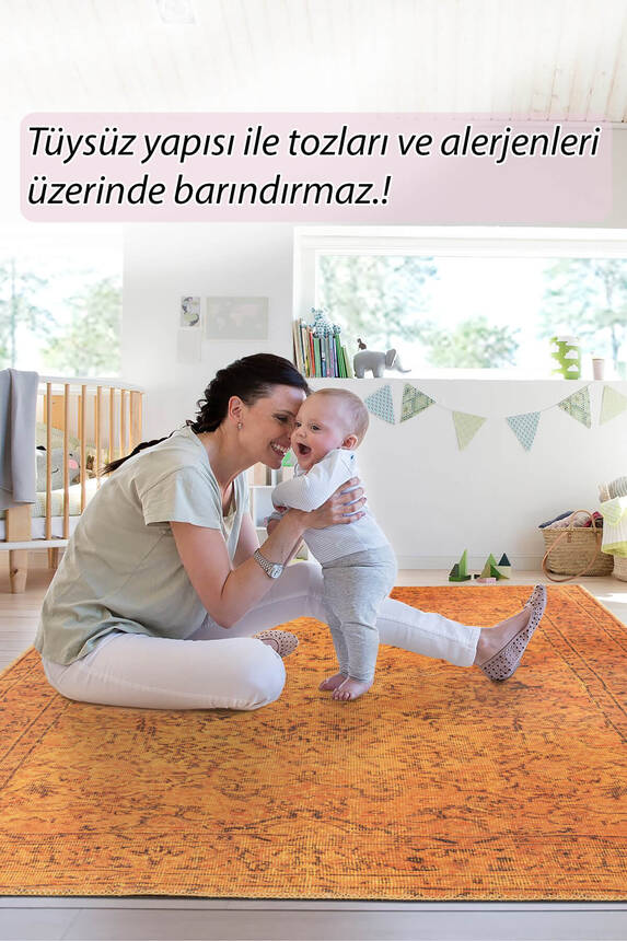 Outlet 210x310 Folk Eskitme Desenli Dokuma Taban Dekoratif Hardal Sarısı Halı BA-15 - 2